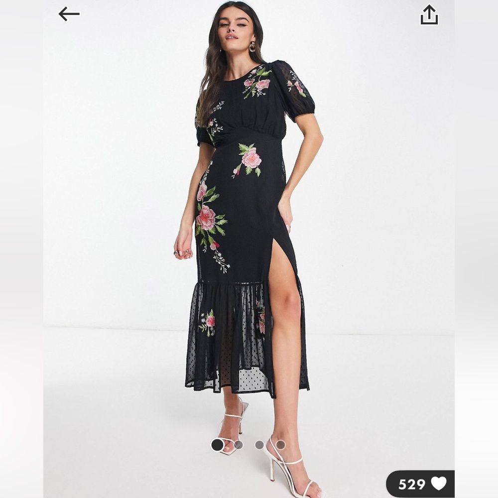 ASOS Puff Sleeve Midi Dress with Floral Embroidery